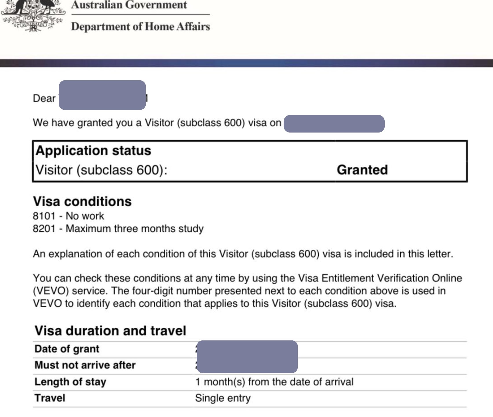 Approved Australia Visitor (Subclass 600) grant letter