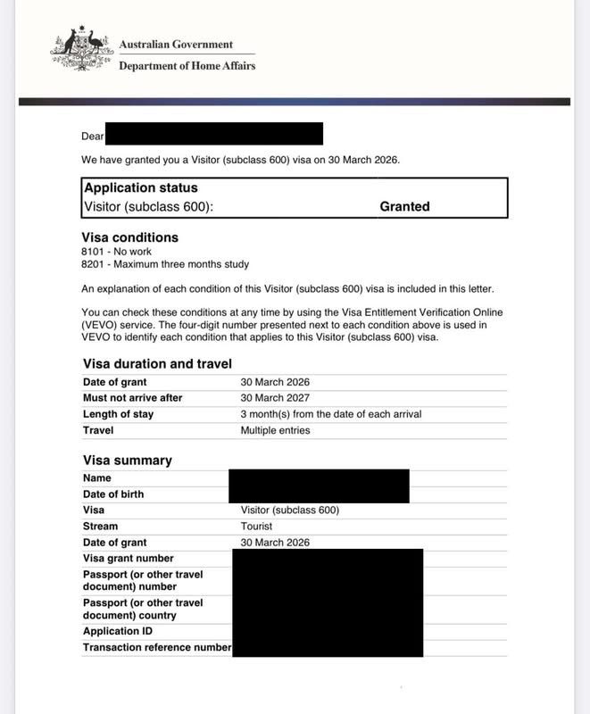 Approved Australia Visitor 600 (Thai applicant)