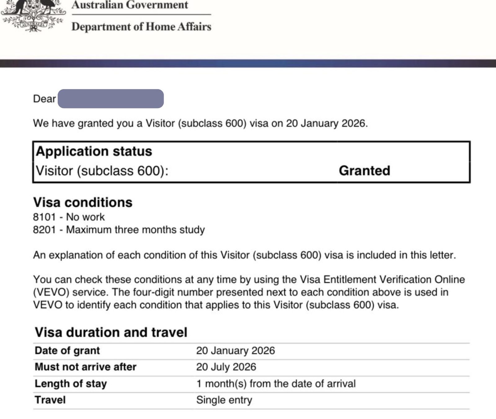 Approved Australia Visitor (Subclass 600)